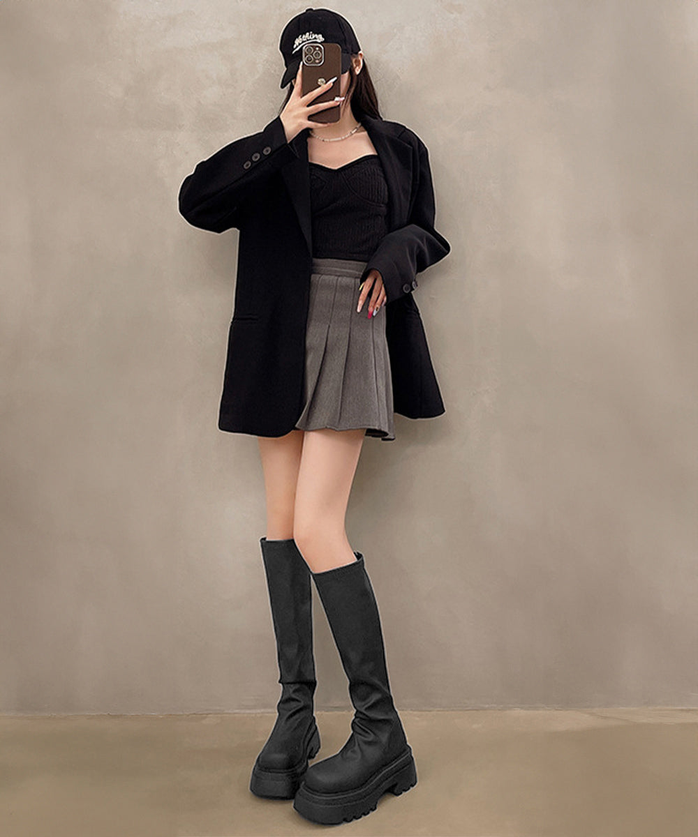 ロングブーツ 厚底ブーツバックジップ美脚