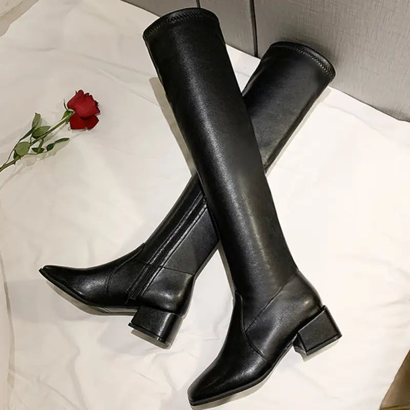 ニーハイブーツ スクエアトゥ 美脚ブーツ - 83HUIHAO-001 ブーツ ショート