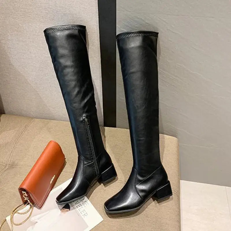 ニーハイブーツ スクエアトゥ 美脚ブーツ - 83HUIHAO-001 ブーツ ショート