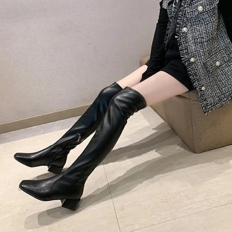 ニーハイブーツ スクエアトゥ 美脚ブーツ - 83HUIHAO-001 ブーツ ショート