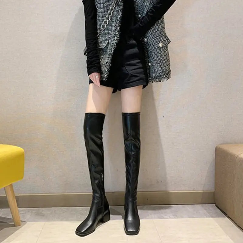 ニーハイブーツ スクエアトゥ 美脚ブーツ - 83HUIHAO-001 ブーツ ショート